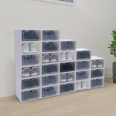 Produktbild von 24 transparente, stapelbare Schuhboxen zur platzsparenden Aufbewahrung mit Schuhregal für den Eingangsbereich