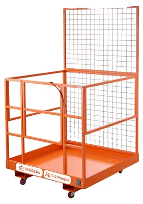 Obrázek produktu pro VEVOR Pracovní plošina pro paletové vozíky, rozměry 1225x1148 mm, nosnost 635 kg, ocelová konstrukce, pracovní plocha s otvory pro vjezd o rozměrech 155x60 mm, zajišťovací kolík a kolečka, bezpečnostní koš pro paletové vozíky určený pro práce ve výškách