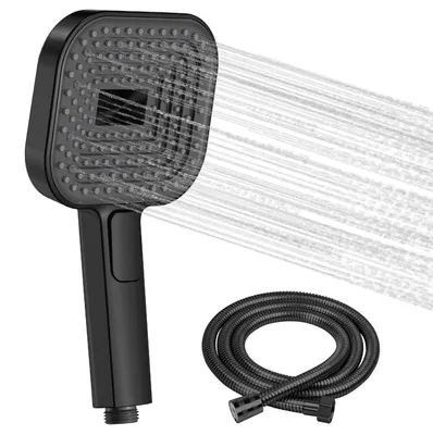Image de Pommeau de douche noir de 135 mm avec 3 types de jets et flexible de douche de 1,5 m