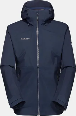 Dunkelblaue Hardshelljacke mit Kapuze für Damen von Mammut; ausgestattet mit Reißverschluss und Logo.
