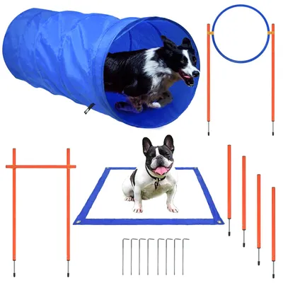 Imagen del producto de Conjunto de agility para perros QEENTOE, con obstáculos de entrenamiento, túnel para perros, aro de salto, barra de obstáculos y barriles cónicos con altura ajustable