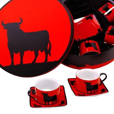 Kaffeeset, 6 Tassen, rot/schwarz, Keramik, 11x5 cm