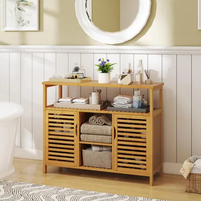 Produktbild von GOPLUS Badezimmerschrank Bambus, Aufbewahrungsschrank mit 2 Türen & offenen Regal, Badschrank freistehend, Unterschränke für Flur, 100 x 35 x 80 cm