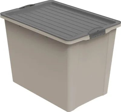 A beige storage box with a gray lid is shown against a white background.