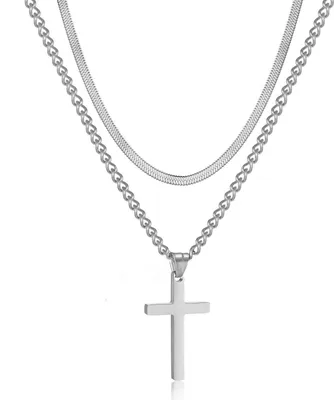 Produktbild von RWQIAN Herren Kreuzkette Edelstahl Silber/Gold/Schwarz Layered Schlangenkette Kubanische Anhänger 55cm