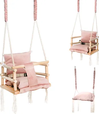 Produktbild von Babyschaukel Kinderschaukel Holz Stoff Babysitz Baby Schaukel zum Aufhängen 3 in 1 Rosa Grau 8336 , Farbe:Rosa/ pink