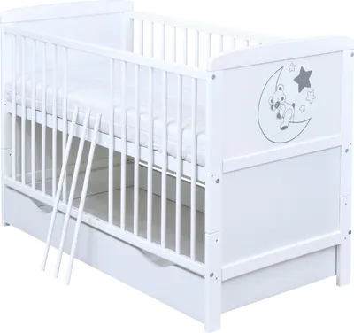 Produktbild von Baby-Delux Babybett Gitterbett Kinderbett Felix Mond Motiv 140x70 Weiß mit Beißschienen Schublade höhenverstellbar