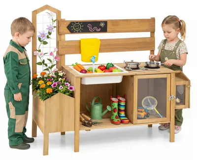 Produktbild von COSTWAY Matschküche Kinder Outdoor, Spielküche für Kinder 3+ mit Spüle, Wassertank, Wasserhahn, Rankgitter, Pflanzkasten, Vogelkäfig, Herd&Kochzubehör