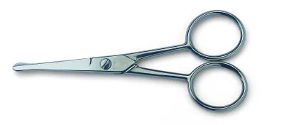 A pair of small, silver scissors on a white background.