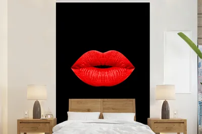Produktbild von MuchoWow® Fototapete für Wohnzimmer oder Schlafzimmer Wandtapete Vinyl Motivtapete Lippen - Rot - Schwarz - 180x280 cm - Wallpaper
