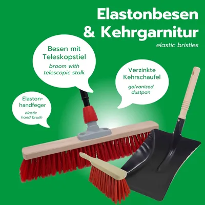 Produktbild von Novaliv Straßenbesen mit Stiel 60 cm Elaston Borsten inkl. Kehrgarnitur verzinkt mit Gummilippe bestehend aus Kehrblech & Handfeger Idealer Gartenbesen Terassenbesen Hofbesen Stallbesen Outdoor broom