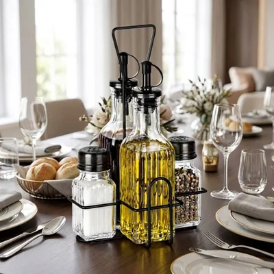 Obrázek produktu pro Lahve od oleje a octa s kořenkami ve stojanu