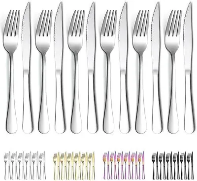 Produktbild von Evanda Steakbesteck 24 teilig, Edelstahl 12 Tafelgabeln und 12 Tafelmesser Set, Steakmesser Steakgabeln, spülmaschinenfest