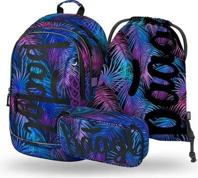 A set of three school bags with a palm leaf pattern.