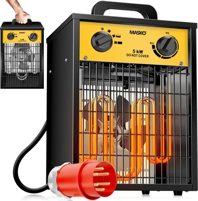 A close-up studio shot of a black and yellow electric heater with glowing orange heating elements and a red power plug in the foreground. A smaller inset image shows the heater being carried by a hand.