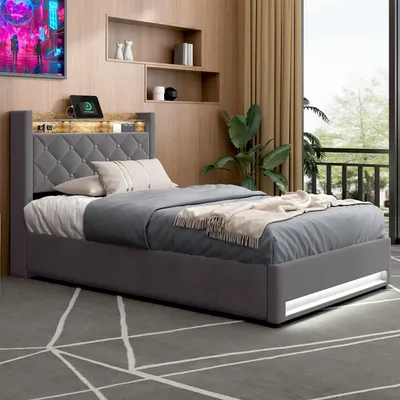 Obrázek produktu pro okwish polštářová postel 90×190 cm s LED osvětlením, USB a zásuvkami, úložná postel s čelem a policí, pohodlná postel do ložnice, šedá, bez matrace