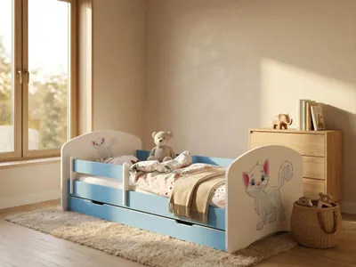 Produktbild von Happy Babies Kinderbett mit Rausfallschutz Junge 140x70 Bett für Kinderzimmer mit Schublade Matratze Einzelbett für Kinder Blau, Kätzchen