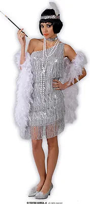 Produktbild von 20S Glamour Flapper Kleid Mit Federn Stirnband Perlenkette Tanzparty Outfit Glitzer Fransen Karneval Retro Look Charleston Nacht, Größe: 36 - 38 (S) Farbe: Silber