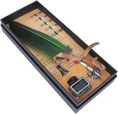 Productafbeelding van Kalligrafieveer - Quill Feather Pen Set met 5 veren in geschenkdoos - Kerstmis - Verjaardagscadeaus (groen)