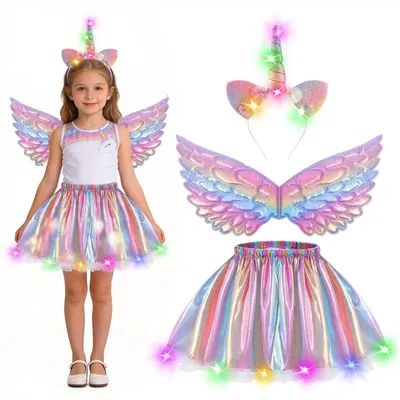 Productafbeelding van Eenhoorn kostuum set, prinsessenstijl, 3-delig: regenboog tutu rok, meisjeskostuum, tule rok, eenhoorn hoofdband, vleugels voor meisjes, geschikt voor cosplay. Gemaakt van meerkleurig leer