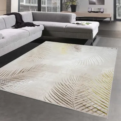 Image de Tapis design moderne avec branches de palmier crème or Taille - 140 x 200 cm