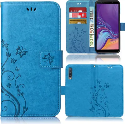 A collage of images showing a blue flip phone case with a floral and butterfly design, including shots of the case open with cards and money inserted, and the back of the case.