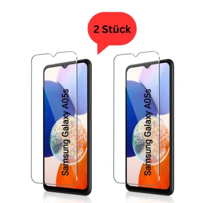 Two screen protectors for a Samsung Galaxy A05s phone are displayed side-by-side on a white background. A red speech bubble with the text '2 Stück' (German for '2 pieces') is positioned above the phones.