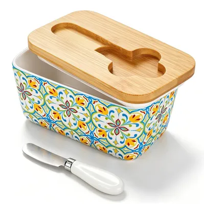 Produktbild von Omgoods – Keramische Butterdose mit Holzdeckel und Messer