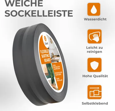 Produktbild von QUEST Weichsockelleiste Selbstklebend 18x18mm, 5m, Sockelleiste Knickleiste aus PVC Kunststoff, Flexible Fußleiste Wandabschlussleiste, graphit