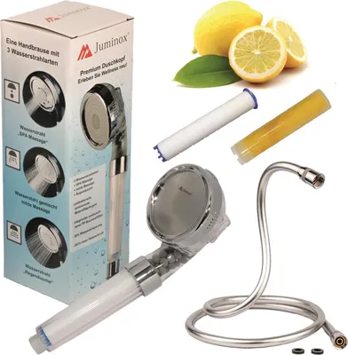 Produktbild von Juminox Premium Set Duschbrause Duschkopf Duschkopf Handbrause 3 Fach verstellbar, Duschschlauch Glatt Silber Flexibel 1,5 m chrom 1/2, Aromafilter, PP-Baumwollfilter Set Weiß + Aroma Gelfilter Zitrone