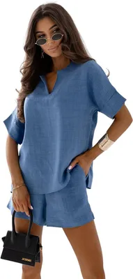 Produktbild von Damen Sommer-Set Bluse & Shorts im Leinen-Look – Bequem & Stylisch Jeansblau/XL/42