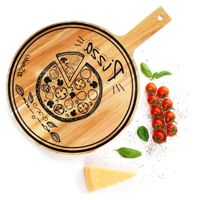 Produktbild von Pizzabrett mit Griff Ø 30 cm aus Akazienholz – Holzbrett als Pizzateller, Vesperbrett, Käsebrett oder Wurstplatte – Servierbrett mit Aufhängeloch