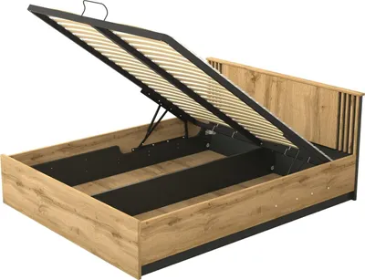 Produktbild von Bett 160X200 Cm Lamelo La26 Betgestelle Bettrahmen Mit Lift Lattenrost Und Bettkasten (Ohne Matratze) Wotan Eiche/Schwarz