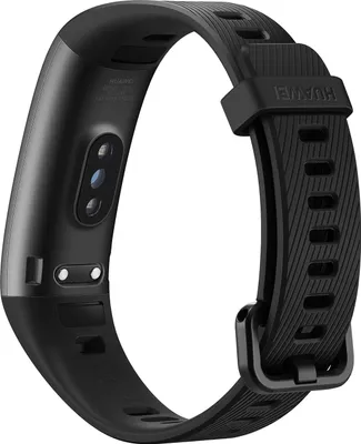 A black Huawei fitness tracker is shown from the back, with the strap extended.