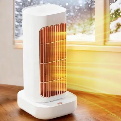 Zdjęcie produktu dla Elektryczny grzejnik pokojowy, 1300 W, energooszczędny, cichy grzejnik z wentylatorem, obrót o 90°, do ustawienia na podłodze lub stole, zabezpieczenie przed przegrzaniem i przewróceniem, do sypialni, salonu i biura, kolor biały.