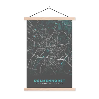 Produktbild von MuchoWow® Textilposter Karte - Stadtplan - Delmenhorst - Deutschland - Blau 40x60 cm mit holzfarbenen Rahmen - Poster