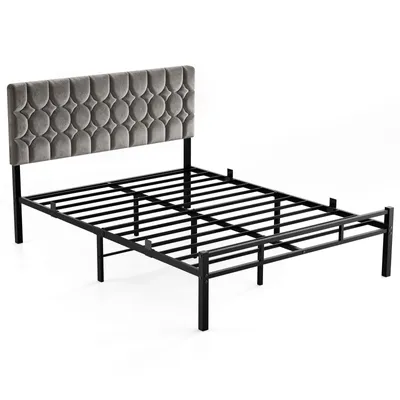 Produktbild von Doppelbettgestell 140x200 cm Metallbett mit gepolstertem Kopfteil Bettrahmen Stahl Stauraum unter dem Bett Plattformbett geräuschlos Grau