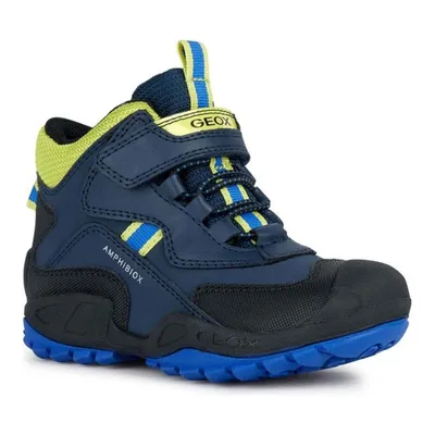 A single blue and yellow children's boot is shown against a white background.