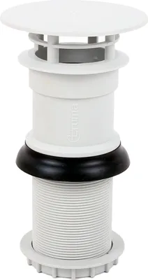 A white plumbing component with a black rubber seal and threaded pipe.