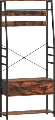 Produktbild von Garderobe mit Schuhregal, Mantelständer mit Sitzbank, 10 Haken, 2 Stoffschubladen, Kleiderstange, Spanplatte, Metall, Braun
