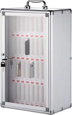 Image de Boîtier de rangement pour téléphones, en aluminium, avec 36 compartiments, poignée, serrure et étiquettes. Boîtier mural pour téléphones, idéal pour les salles de classe et les bureaux