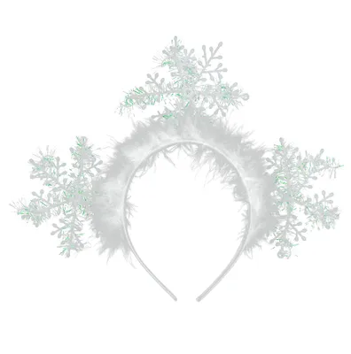 A white snowflake headband with feathers and glittery snowflakes.