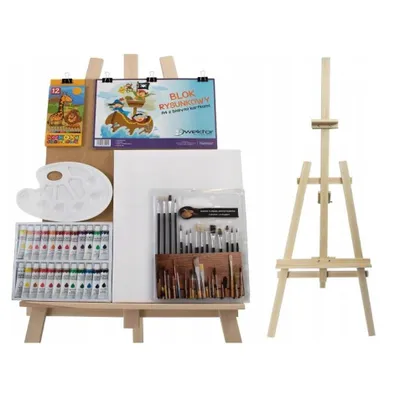 A collection of art supplies including paints, brushes, a palette, and a canvas, displayed on a wooden easel.