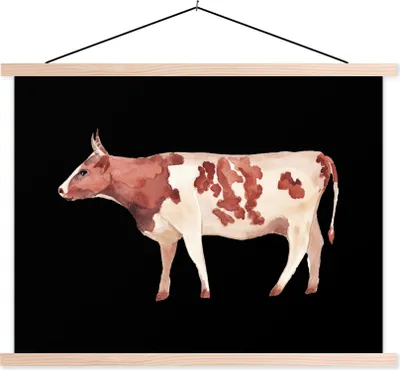 Produktbild von MuchoWow® Textilposter Kuh - Illustration - Schwarz 40x30 cm mit holzfarbenen Rahmen - Bilder