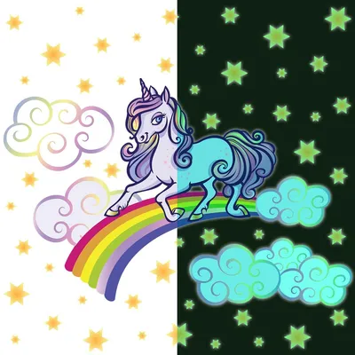Produktbild von Leuchtsticker – Einhorn auf Regenbogen – Fluoreszierender Wand-/Deckensticker für Kinder – 120 x 160 cm