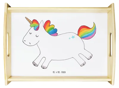 Produktbild von Mr. & Mrs. Panda sofatablett Einhorn Happy - Weiß - Geschenk, Fröhlich, Deko, Holztablett, Tablett, glücklich, Serviertablett, Unicorn, Spaß, Lebensfreude, Servier
