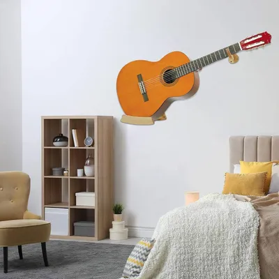 Produktbild von Universelle Gitarren Wandhalterung - Holz Akustik Gitarrenständer mit Haken - Geeignet für Gitarre, Bass, Banjo und Mandoline - Einfach zu installieren
