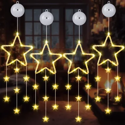 Fensterbeleuchtung mit Sternen, 18 LEDs, Timer, 8 Modi, 4 Stück