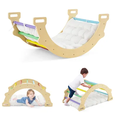 Image de COSTWAY Arc à grimper avec coussin moelleux, triangle d'escalade pour se balancer, grimper et ramper, structure d'escalade en bois pour l'intérieur, pour les enfants à partir de 1 an Coloré