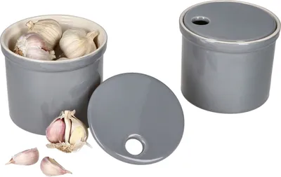 Produktbild von 2x Oskar Vorratsdose S in Grau Knoblauchtopf mit Deckel Aufbewahrungsbox Ton